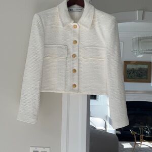 Zara White Textured Blazer with Gold Buttons
